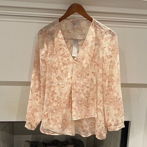Chico’s Flounce-Front Paisley Blouse Pink Sheer Long Sleeve V-Neck Size 6 Petite - Picture 2 of 11
